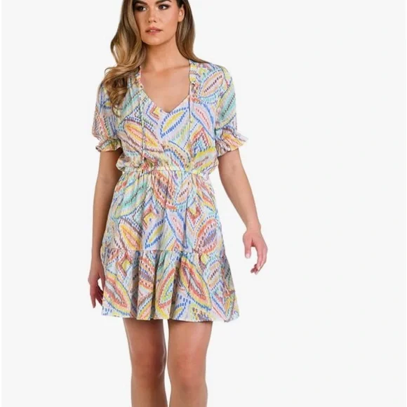 La Blanca Women's Short Sleeve Dress Swimsuit Cover Up, White//Sunbaked Jewels,